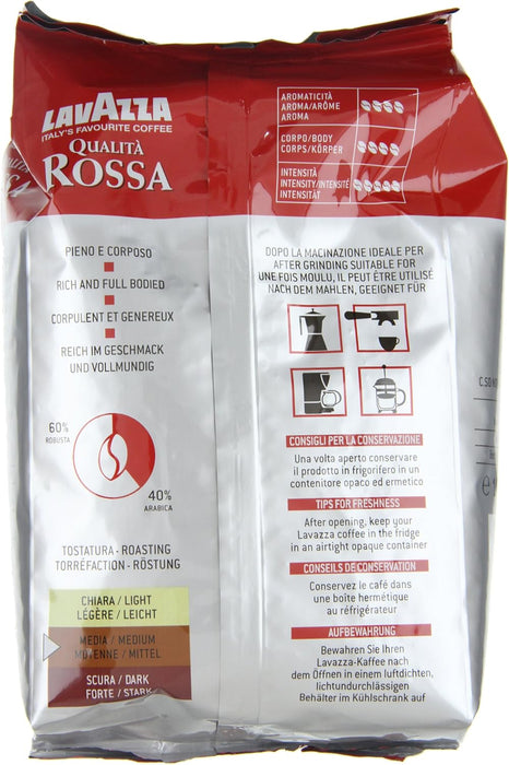 Lavazza Qualità Rossa, Café en Grano, 1kg. El clásico café italiano de tueste medio que combina granos de Arábica y Robusta para un espresso rico en sabor y con cuerpo. Lavazza - uso
