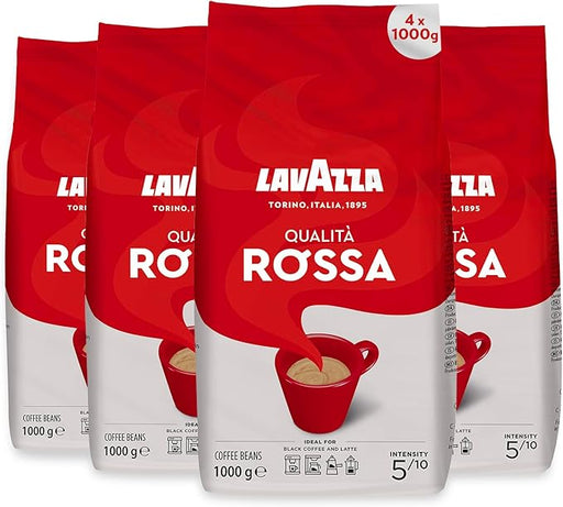 Lavazza Qualità Rossa, Café en Grano de Tueste Medio, Pack de 4 bolsas de 1kg (Total 4kg). Un café con cuerpo y sabor intenso, ideal para un espresso italiano auténtico. Lavazza - frontal