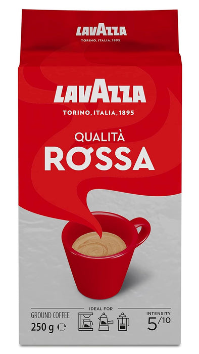 Lavazza Qualità Rossa, Café Molido de Tueste Natural (250g). El café icónico de Italia, una mezcla de Arábica y Robusta con intensidad 5 y notas a chocolate, ideal para tu cafetera Moka. Lavazza - presentacion