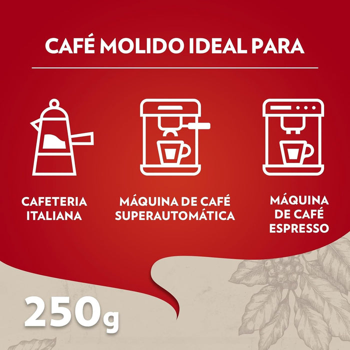 Lavazza Qualità Rossa, Café Molido de Tueste Natural (250g). El café icónico de Italia, una mezcla de Arábica y Robusta con intensidad 5 y notas a chocolate, ideal para tu cafetera Moka. Lavazza - lateral