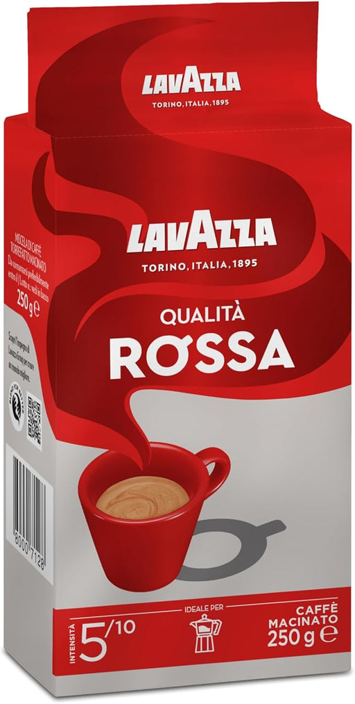 Lavazza Qualità Rossa, Café Molido de Tueste Natural (250g). El café icónico de Italia, una mezcla de Arábica y Robusta con intensidad 5 y notas a chocolate, ideal para tu cafetera Moka. Lavazza - frontal