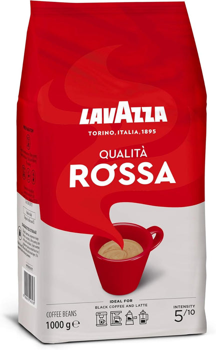 Lavazza Qualità Rossa, pack ahorro de 2 bolsas de café en grano (2x1Kg). El blend italiano de Arábica y Robusta con cuerpo, notas de chocolate y una intensidad 5/10. Lavazza - detalle