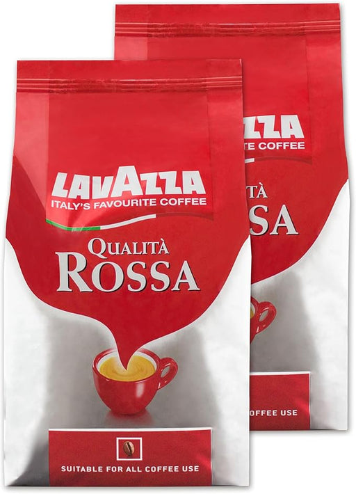 Lavazza Qualità Rossa, pack ahorro de 2 bolsas de café en grano (2x1Kg). El blend italiano de Arábica y Robusta con cuerpo, notas de chocolate y una intensidad 5/10. Lavazza - frontal