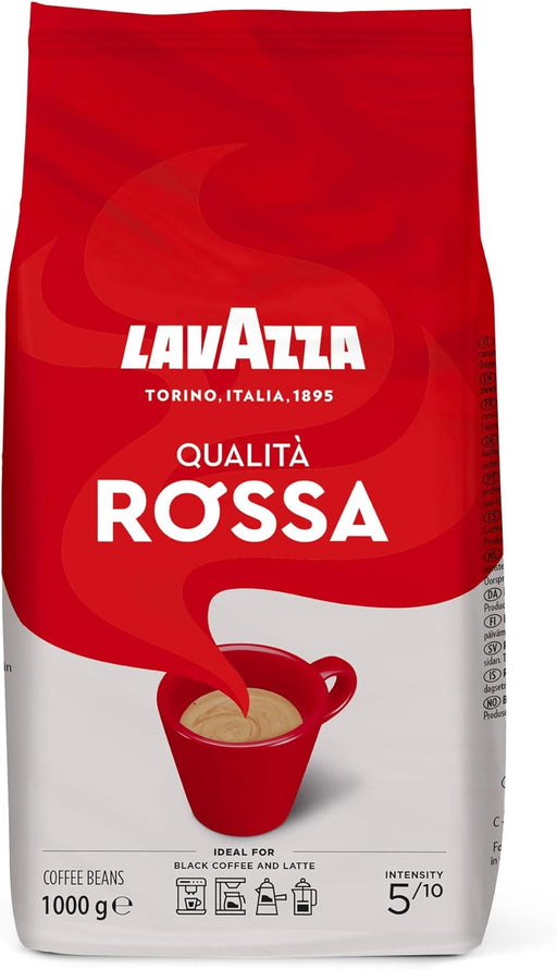 Lavazza Qualità Rossa, pack ahorro de 2 bolsas de café en grano (2x1Kg). El blend italiano de Arábica y Robusta con cuerpo, notas de chocolate y una intensidad 5/10. Lavazza - pack