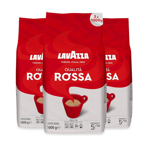 Lavazza Qualità Rossa, pack ahorro de 3 bolsas de café en grano (3x1Kg). El blend italiano de Arábica y Robusta con cuerpo, notas de chocolate y una intensidad 5/10. Lavazza - frontal