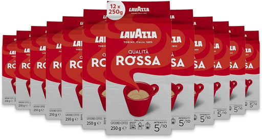 Pack Ahorro de 12 paquetes de Café Molido Lavazza Qualità Rossa (12x250g). El café italiano por excelencia, con notas de chocolate y un sabor rico y con cuerpo. Lavazza - frontal