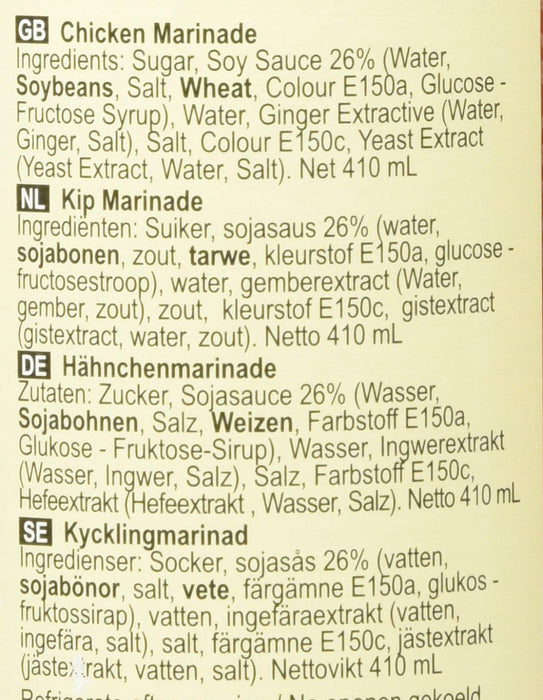 Adobo para Pollo Lee Kum Kee (410 ml). Una marinada dulce a base de salsa de soja de primer extracto, perfecta para salteados, fideos o para glasear carnes. Lee Kum Kee - ingredientes