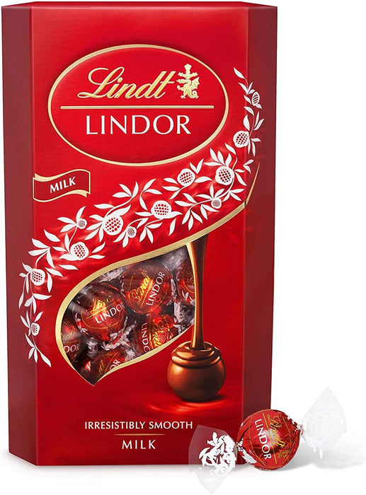 Caja de Bombones Lindt Lindor Cornet de Chocolate con Leche (337g). Aproximadamente 26 bombones con el inconfundible corazón cremoso que se funde en tus sentidos. Lindt - detalle
