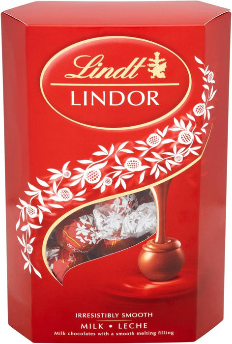 Caja de Bombones Lindt Lindor Cornet de Chocolate con Leche (337g). Aproximadamente 26 bombones con el inconfundible corazón cremoso que se funde en tus sentidos. Lindt - ingredientes