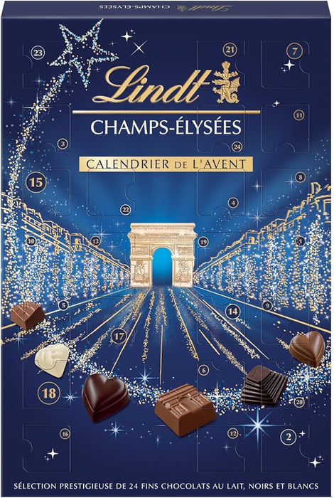 Calendario de Adviento Lindt Champs-Élysées, 250g de un exquisito surtido de bombones de chocolate con leche, negro y blanco. La cuenta atrás más sofisticada para Navidad. Lindt - frontal