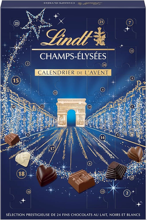 Calendario de Adviento Lindt Champs-Élysées, 250g de un exquisito surtido de bombones de chocolate con leche, negro y blanco. La cuenta atrás más sofisticada para Navidad. Lindt - frontal