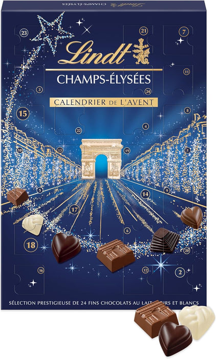 Calendario de Adviento Lindt Champs-Élysées, 250g de un exquisito surtido de bombones de chocolate con leche, negro y blanco. La cuenta atrás más sofisticada para Navidad. Lindt - ingredientes