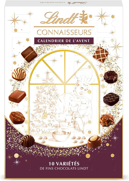 Calendario de Adviento Lindt Connaisseurs, 250g con 24 bombones de chocolate con leche, negro y blanco. Un regalo premium para una cuenta atrás de Navidad inolvidable. Lindt - extra