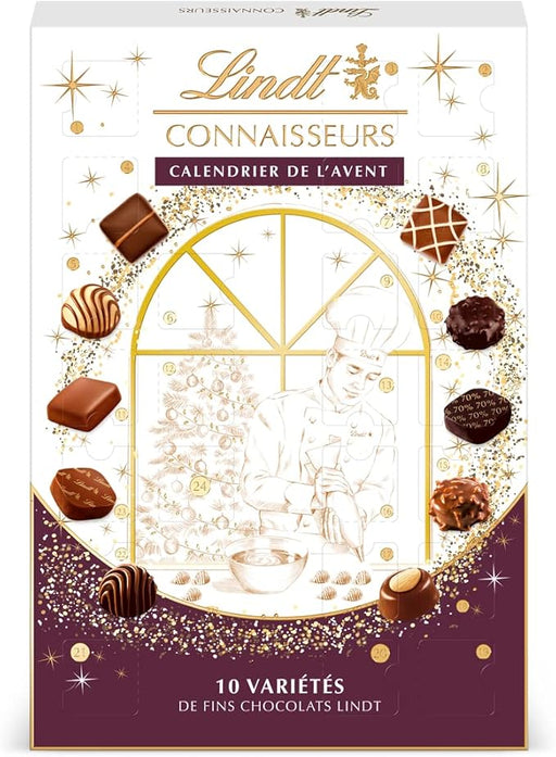 Calendario de Adviento Lindt Connaisseurs, 250g con 24 bombones de chocolate con leche, negro y blanco. Un regalo premium para una cuenta atrás de Navidad inolvidable. Lindt - frontal