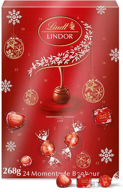 Calendario de Adviento Lindt LINDOR 2024, 268g de cremosidad irresistible. Con 24 bombones de chocolate con leche y corazón fundente para una Navidad mágica y deliciosa. Lindt - frontal
