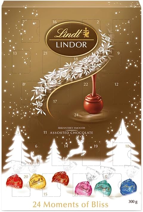 Calendario de Adviento Lindt LINDOR con 300g de bombones surtidos. Un viaje de sabor con 24 sorpresas de chocolate con leche, negro, blanco, avellana, fresa y coco. Lindt - frontal