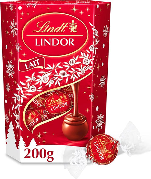 Cornet de Bombones Lindt Lindor de Chocolate con Leche (200g). El formato icónico para regalar o compartir, con el corazón irresistiblemente cremoso que se funde en tu boca. Lindt - frontal