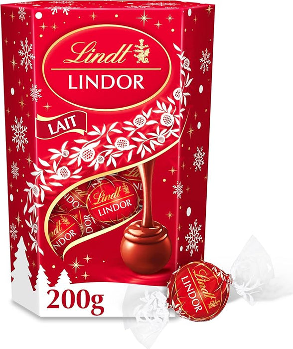 Cornet de Bombones Lindt Lindor de Chocolate con Leche (200g). El formato icónico para regalar o compartir, con el corazón irresistiblemente cremoso que se funde en tu boca. Lindt - frontal