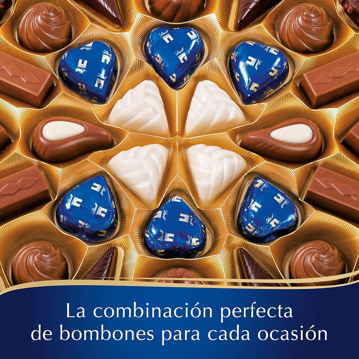 Lindt CHAMPS-ÉLYSÉES Caja de Bombones Surtidos, 469g. Un exquisito viaje por la alta chocolatería con una selección de pralinés únicos, ideal para regalar y compartir en momentos especiales. Lindt - presentacion