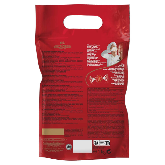 Lindt LINDOR Bombones de Chocolate con Leche, Bolsa de 1kg (Aprox. 80 bolas). Tu reserva personal de felicidad con el bombón más cremoso, perfecto para darte un capricho cada día. Lindt - ingredientes
