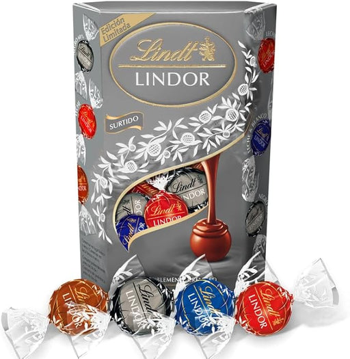 Lindt LINDOR Cornet Silver Surtido de Bombones, 337g. Una selección sofisticada para los paladares más exigentes, con bombones de chocolate con leche, avellana y negro 70%. Lindt - frontal