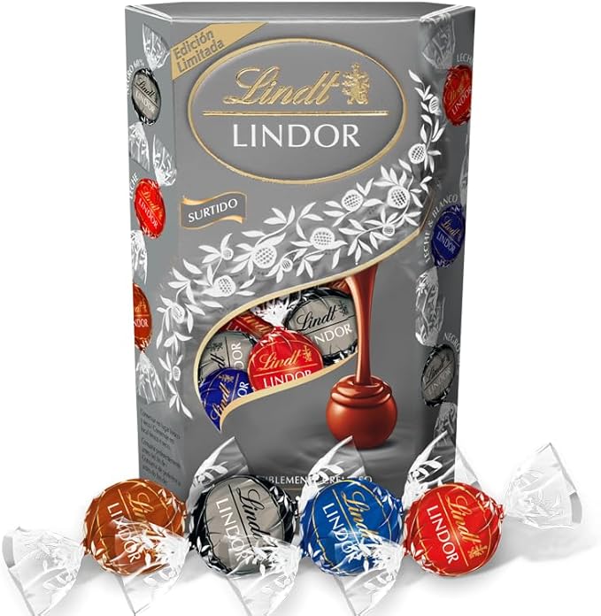 Lindt LINDOR Cornet Silver Surtido de Bombones, 337g. Una selección sofisticada para los paladares más exigentes, con bombones de chocolate con leche, avellana y negro 70%. Lindt - frontal