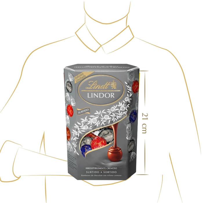 Lindt LINDOR Cornet Silver Surtido de Bombones, 337g. Una selección sofisticada para los paladares más exigentes, con bombones de chocolate con leche, avellana y negro 70%. Lindt - pack