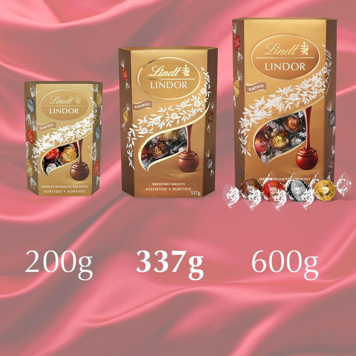 Lindt LINDOR Cornet Surtido de Bombones de Chocolate, 337g. Descubre un mundo de placer con este surtido que incluye los irresistibles bombones de chocolate con leche, blanco y negro 70%. Lindt - lateral