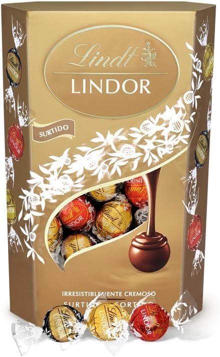 Lindt LINDOR Cornet Surtido de Bombones de Chocolate, 337g. Descubre un mundo de placer con este surtido que incluye los irresistibles bombones de chocolate con leche, blanco y negro 70%. Lindt - frontal