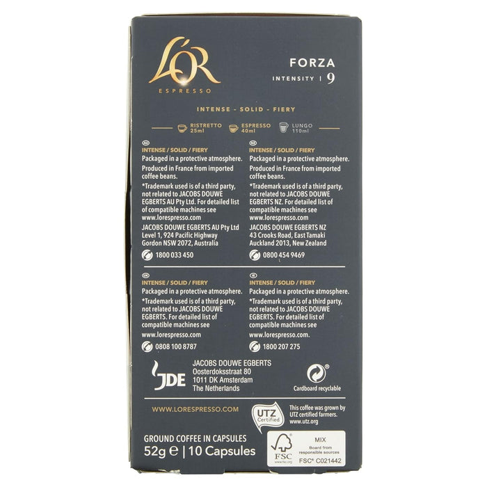 L'OR Espresso Forza, Café de Intensidad 9 (100 Cápsulas). Pack de 5 cajas de 20 cápsulas de aluminio compatibles con Nespresso(R)* para un ristretto o espresso potente. L'or Espresso - detalle