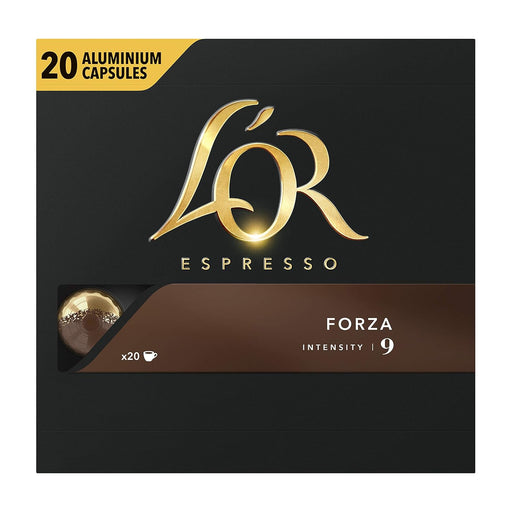 L'OR Espresso Forza, Café de Intensidad 9 (100 Cápsulas). Pack de 5 cajas de 20 cápsulas de aluminio compatibles con Nespresso(R)* para un ristretto o espresso potente. L'or Espresso - frontal