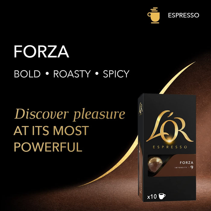 L'OR Espresso Forza, Café de Intensidad 9 (100 Cápsulas). Pack de 5 cajas de 20 cápsulas de aluminio compatibles con Nespresso(R)* para un ristretto o espresso potente. L'or Espresso - ingredientes