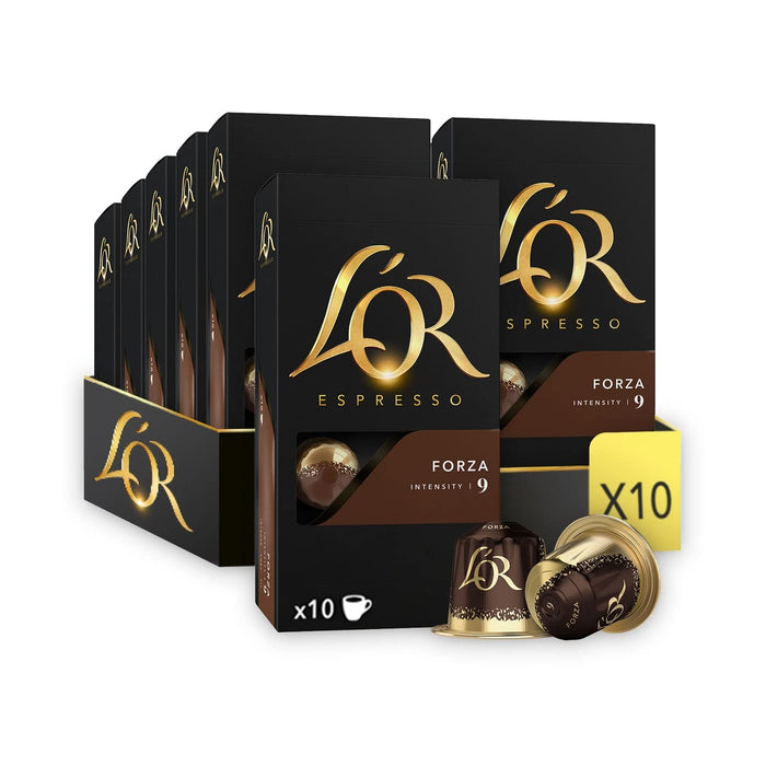 L'OR Espresso Forza, Café de Intensidad 9 (100 Cápsulas). Pack de 5 cajas de 20 cápsulas de aluminio compatibles con Nespresso(R)* para un ristretto o espresso potente. L'or Espresso - pack