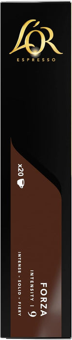 L'OR Espresso Forza, Café de Intensidad 9 (20 Cápsulas). Una caja de 20 cápsulas de aluminio compatibles con Nespresso(R)* para probar un espresso intenso y vigoroso. L'or Espresso - detalle