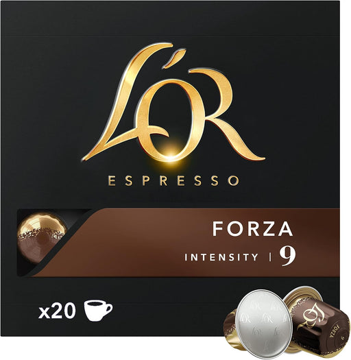 L'OR Espresso Forza, Café de Intensidad 9 (20 Cápsulas). Una caja de 20 cápsulas de aluminio compatibles con Nespresso(R)* para probar un espresso intenso y vigoroso. L'or Espresso - frontal