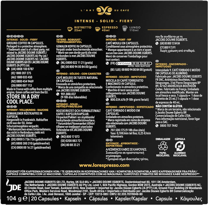 L'OR Espresso Forza, Café de Intensidad 9 (20 Cápsulas). Una caja de 20 cápsulas de aluminio compatibles con Nespresso(R)* para probar un espresso intenso y vigoroso. L'or Espresso - ingredientes
