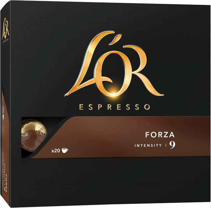 L'OR Espresso Forza, Café de Intensidad 9 (20 Cápsulas). Una caja de 20 cápsulas de aluminio compatibles con Nespresso(R)* para probar un espresso intenso y vigoroso. L'or Espresso - lateral