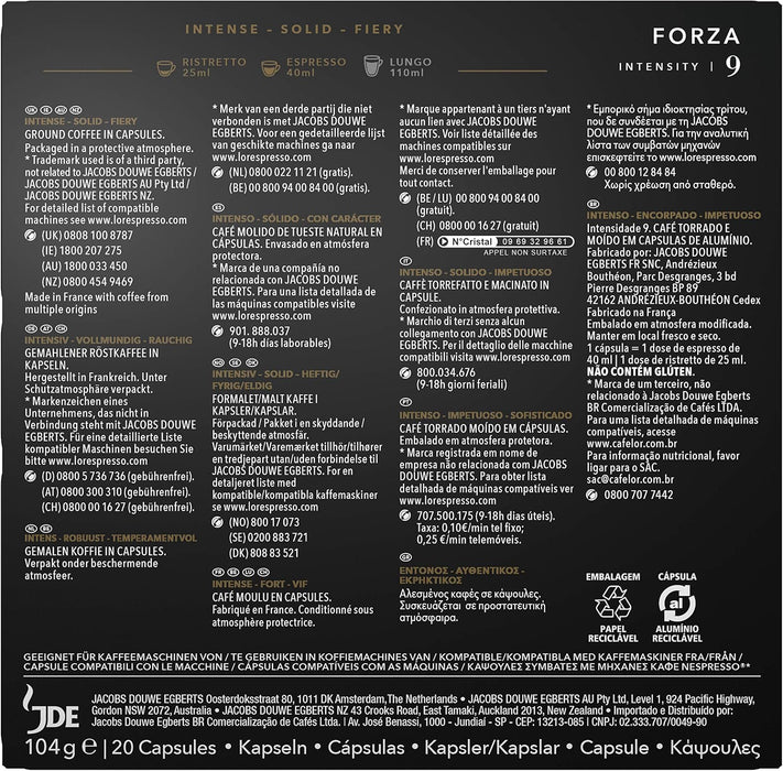 L'OR Espresso Forza, Café de Intensidad 9 (20 Cápsulas). Una caja de 20 cápsulas de aluminio compatibles con Nespresso(R)* para probar un espresso intenso y vigoroso. L'or Espresso - pack