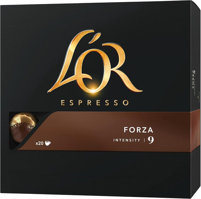 L'OR Espresso Forza, Café de Intensidad 9 (20 Cápsulas). Una caja de 20 cápsulas de aluminio compatibles con Nespresso(R)* para probar un espresso intenso y vigoroso. L'or Espresso - presentacion