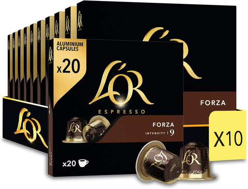 L'OR Espresso Forza, Café de Intensidad 9 (200 Cápsulas). El pack ahorro definitivo, con 10 cajas de 20 cápsulas de aluminio compatibles con Nespresso(R)*. L'or Espresso - frontal