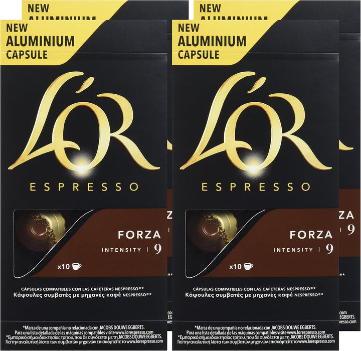 L'OR Espresso Forza, Café de Intensidad 9 (40 Cápsulas). Un pack de 40 cápsulas de aluminio compatibles con Nespresso(R)* para disfrutar de un espresso con carácter. L'or Espresso - detalle