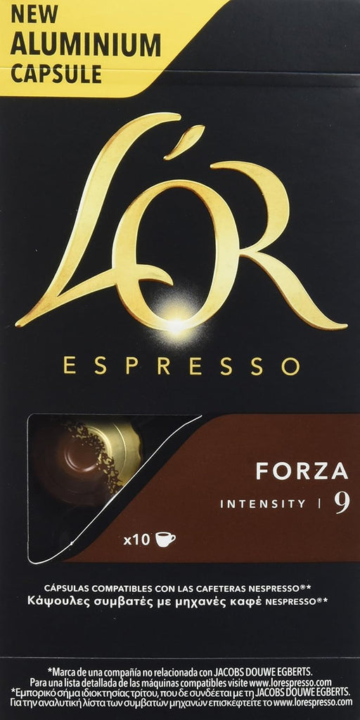 L'OR Espresso Forza, Café de Intensidad 9 (40 Cápsulas). Un pack de 40 cápsulas de aluminio compatibles con Nespresso(R)* para disfrutar de un espresso con carácter. L'or Espresso - frontal