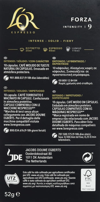 L'OR Espresso Forza, Café de Intensidad 9 (40 Cápsulas). Un pack de 40 cápsulas de aluminio compatibles con Nespresso(R)* para disfrutar de un espresso con carácter. L'or Espresso - pack