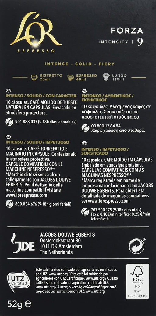 L'OR Espresso Forza, Café de Intensidad 9 (40 Cápsulas). Un pack de 40 cápsulas de aluminio compatibles con Nespresso(R)* para disfrutar de un espresso con carácter. L'or Espresso - pack