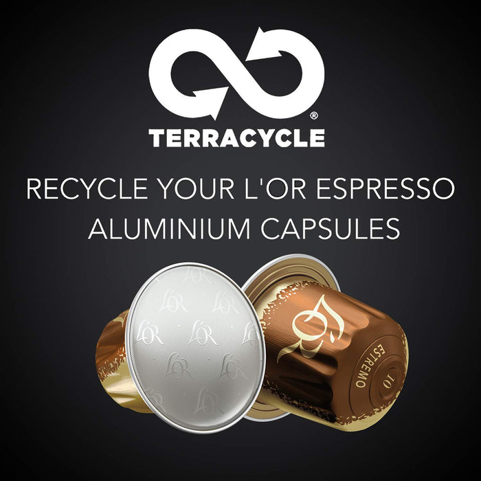 L'OR Espresso Lungo Estremo, 100 Cápsulas de Aluminio Compatibles con Nespresso*. Disfruta de un café largo e intensamente tostado con notas especiadas. Intensidad 10. L'or Espresso - detalle