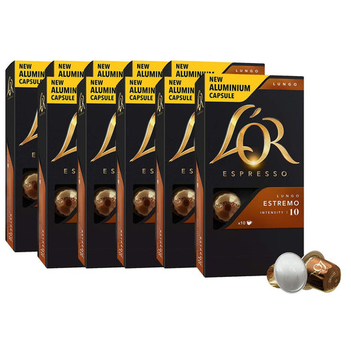 L'OR Espresso Lungo Estremo, 100 Cápsulas de Aluminio Compatibles con Nespresso*. Disfruta de un café largo e intensamente tostado con notas especiadas. Intensidad 10. L'or Espresso - frontal
