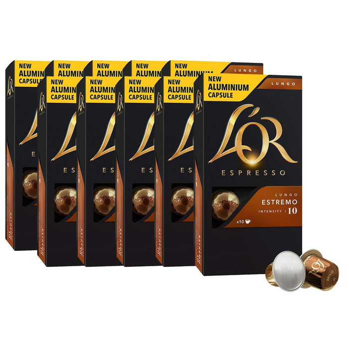 L'OR Espresso Lungo Estremo, 100 Cápsulas de Aluminio Compatibles con Nespresso*. Disfruta de un café largo e intensamente tostado con notas especiadas. Intensidad 10. L'or Espresso - frontal