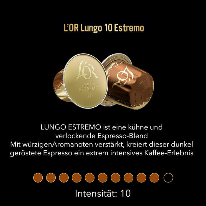 L'OR Espresso Lungo Estremo, 20 Cápsulas de Aluminio Compatibles con Nespresso*. Descubre un café largo de tueste oscuro con intensidad 10 y notas especiadas. El pack ideal para probarlo. L'or Espresso - detalle