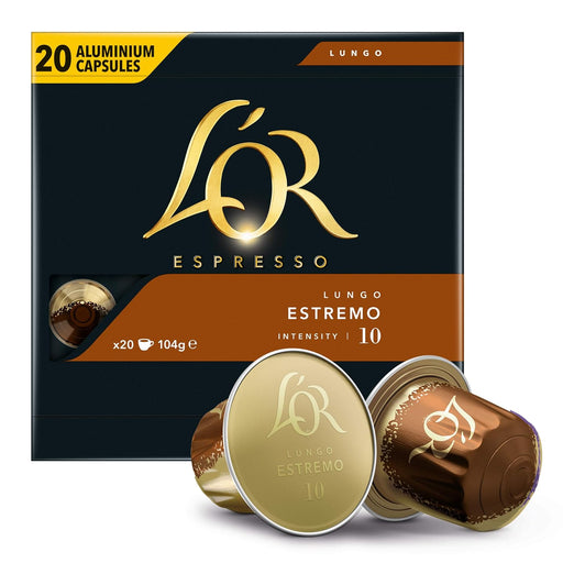 L'OR Espresso Lungo Estremo, 20 Cápsulas de Aluminio Compatibles con Nespresso*. Descubre un café largo de tueste oscuro con intensidad 10 y notas especiadas. El pack ideal para probarlo. L'or Espresso - frontal