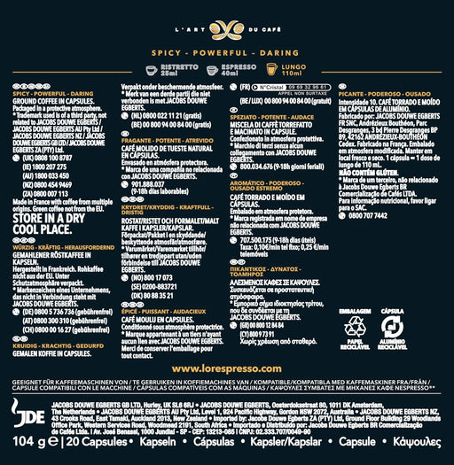 L'OR Espresso Lungo Estremo, 20 Cápsulas de Aluminio Compatibles con Nespresso*. Descubre un café largo de tueste oscuro con intensidad 10 y notas especiadas. El pack ideal para probarlo. L'or Espresso - pack